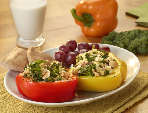 Rainbow Bell Pepper Boats with Garbanzo Beans and Kale on a plate